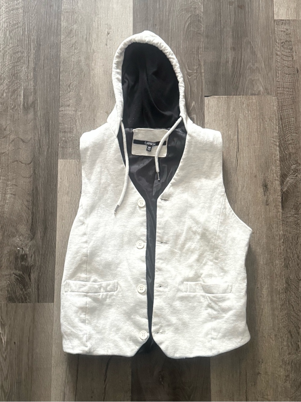 Carbon White Hooded Button-Front Vest with Black Lining